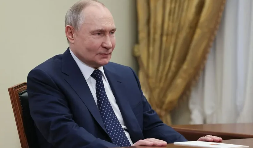 In this pool photograph distributed by the Russian state agency Sputnik, Russia's President Vladimir Putin attends a meeting with the speaker of the State Duma - Russia's lower house of parliament, in Saint Petersburg on April 28, 2025. (Photo by Mikhail METZEL / POOL / AFP) (Photo by MIKHAIL METZEL/POOL/AFP via Getty Images)