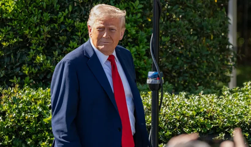 The US President Donald J. Trump appears to celebrate together with the 2025 Super Bowl Champions - The Philadelphia Eagles, on the south lawn of the White House in Washington, D.C. on April 28, 2025. (Photo by Andrew Thomas / Middle East Images / Middle East Images via AFP) (Photo by ANDREW THOMAS/Middle East Images/AFP via Getty Images)