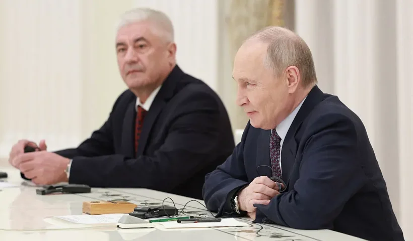 In this pool photograph distributed by Russian state agency Sputnik, Russia's President Vladimir Putin (R) and Russia's Interior Minister Vladimir Kolokoltsev (L) attend a meeting with the UAE deputy prime minister and Interior minister in Moscow on April 30, 2025. (Photo by ALEXANDER SHCHERBAK / POOL / AFP) (Photo by ALEXANDER SHCHERBAK/POOL/AFP via Getty Images)
