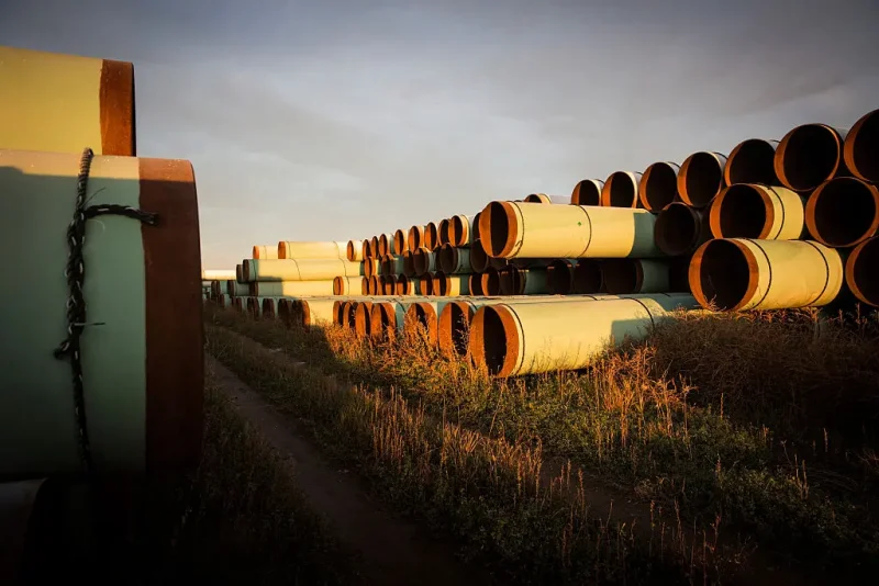 GASCOYNE, ND - OCTOBER 14: Miles of unused pipe, prepared for the proposed Keystone XL pipeline, sit in a lot on October 14, 2014 outside Gascoyne, North Dakota. (Photo by Andrew Burton/Getty Images)