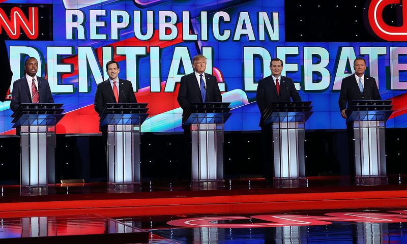 HOUSTON, TX - FEBRUARY 25: Republican presidential candidates Ben Carson, Florida Sen. Marco Rubio (R-FL), Donald Trump, Texas Sen. Ted Cruz (R-TX) and Ohio Gov. John Kasich (L-R) stand on stage for the Republican National Committee Presidential Primary Debate at the University of Houston's Moores School of Music Opera House on February 25, 2016 in Houston, Texas. The candidates are meeting for the last Republican debate before the Super Tuesday primaries on March 1. (Photo by Joe Raedle/Getty Images)