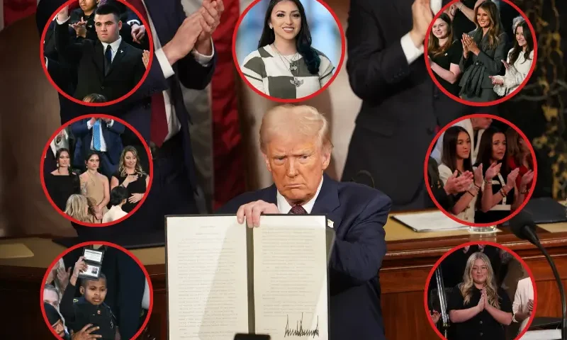 1| US President Donald Trump holds an executive order that renames a wildlife sanctuary in honor of the late Jocelyn Nungaray, a 12 year-old girl who was murdered by two undocumented migrants, during an address to a joint session of Congress at the US Capitol in Washington, DC, on March 4, 2025. (Photo by ALLISON ROBBERT / AFP) (Photo by ALLISON ROBBERT/AFP via Getty Images) 2| Jason Hartley (C) stands after US President Donald Trump announced that Hartley has been admitted to the US Military Academy West Point during Trump's address to a joint session of Congress in the House Chamber of the US Capitol in Washington, DC, on March 4, 2025. (Photo by Jim WATSON / AFP) (Photo by JIM WATSON/AFP via Getty Images) 3| Family members of Corey Comperatore, a firefighter who was killed by the gunman who attempted to assassinate President Trump during a campaign rally in Butler, Pennsylvania in July 2024, stand as US President Donald Trump recognize them during an address to a joint session of Congress in the House Chamber of the US Capitol in Washington, DC, on March 4, 2025. Comperatore's wife is Helen (R) and daughters Allyson and Kelly. (Photo by SAUL LOEB / AFP) (Photo by SAUL LOEB/AFP via Getty Images) 4| Allyson and Lauren Phillips, the mother and sister of Laken Riley applaud as U.S. President Donald Trump addresses a joint session of Congress at the U.S. Capitol on March 04, 2025 in Washington, DC. President Trump was expected to address Congress on his early achievements of his presidency and his upcoming legislative agenda. (Photo by Chip Somodevilla/Getty Images) 5| 13-year-old cancer survivor Devarjaye "DJ" Daniel is lifted up by his father Theodis Daniel after given credentials from US Secret Service Director Sean Curran after US President Donald Trump made him an honorary member of the US Secret Service during his address to a joint session of Congress at the US Capitol in Washington, DC, on March 4, 2025. (Photo by SAUL LOEB / AFP) (Photo by SAUL LOEB/AFP via Getty Images) 6| Payton McNabb (C) and Second Lady Usha Vance (R) attend U.S. President Donald Trump's address to a joint session of Congress at the U.S. Capitol on March 04, 2025 in Washington, DC. President Trump was expected to address Congress on his early achievements of his presidency and his upcoming legislative agenda. (Photo by Kayla Bartkowski/Getty Images) 7| US First Lady Melania Trump (2nd R) stands as she is recognized by US President Donald Trump during Trump's address to a joint session of Congress in the House Chamber of the US Capitol in Washington, DC, on March 4, 2025. (Photo by Jim WATSON / AFP) (Photo by JIM WATSON/AFP via Getty Images) 8| Alexis Nungaray (Photo via; White House)