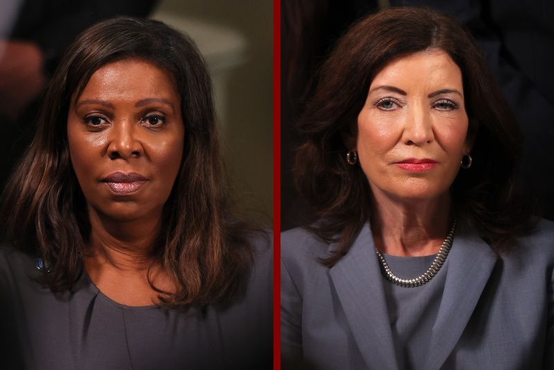 L| NY Attorney General Letitia James attends a press conference on gun violence prevention and public safety on July 31, 2023 in New York City. Mayor Eric Adams was joined by NY Gov. Kathy Hochul, NY Attorney General Letitia James, and members of local and state government and violence interruption groups to unveil NYC's Gun Violence Prevention Task Force blueprint for community safety. The task force's $485 million blueprint will bring people together from across 20 agencies that specialize in public safety, health care, workforce development, and education to help stop gun violence in the communities most impacted by it. (Photo by Michael M. Santiago/Getty Images) R| NY Gov. Kathy Hochul attends a press conference on gun violence prevention and public safety on July 31, 2023 in New York City. Mayor Adams was joined by NY Gov. Kathy Hochul, NY Attorney General Letitia James, and members of local and state government and violence interruption groups to unveil NYC's Gun Violence Prevention Task Force blueprint for community safety. The task force's $485 million blueprint will bring people together from across 20 agencies that specialize in public safety, health care, workforce development, and education to help stop gun violence in the communities most impacted by it. (Photo by Michael M. Santiago/Getty Images)