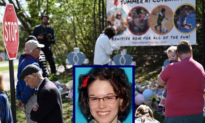(Background) People pay their respects at a makeshift memorial for victims at the Covenant School building at the Covenant Presbyterian Church following a shooting, in Nashville, Tennessee, on March 29, 2023. A heavily armed former student killed three young children and three staff in what appeared to be a carefully planned attack at a private elementary school in Nashville on March 27, before being shot dead by police. Chief of Police John Drake named the suspect as Audrey Hale, 28, who the officer later said identified as transgender. (Photo by BRENDAN SMIALOWSKI/AFP via Getty Images) / (Center) Audrey Hale. (Photo via: Nashville Police)