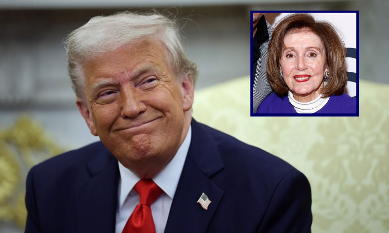 (L) WASHINGTON, DC - APRIL 14: U.S. President Donald Trump smiles as he meets with President Nayib Bukele of El Salvador in the Oval Office of the White House April 14, 2025 in Washington, DC. Trump and Bukele were expected to discuss a range of bilateral issues including the detention of Kilmar Armando Abrego Garcia, who has been held in a prison in El Salvador since March 15. (Photo by Win McNamee/Getty Images) / (R) WASHINGTON, DC - APRIL 08: (L-R) Harvey Mason jr., CEO, Recording Academy and Rep. Nancy Pelosi attend the GRAMMYs on the Hill Advocacy Day Awards Dinner at The Hamilton on April 08, 2025 in Washington, DC. (Photo by Paul Morigi/Getty Images for The Recording Academy)