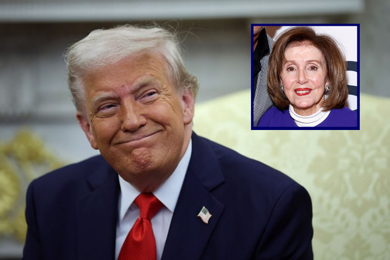 (L) WASHINGTON, DC - APRIL 14: U.S. President Donald Trump smiles as he meets with President Nayib Bukele of El Salvador in the Oval Office of the White House April 14, 2025 in Washington, DC. Trump and Bukele were expected to discuss a range of bilateral issues including the detention of Kilmar Armando Abrego Garcia, who has been held in a prison in El Salvador since March 15. (Photo by Win McNamee/Getty Images) / (R) WASHINGTON, DC - APRIL 08: (L-R) Harvey Mason jr., CEO, Recording Academy and Rep. Nancy Pelosi attend the GRAMMYs on the Hill Advocacy Day Awards Dinner at The Hamilton on April 08, 2025 in Washington, DC. (Photo by Paul Morigi/Getty Images for The Recording Academy)