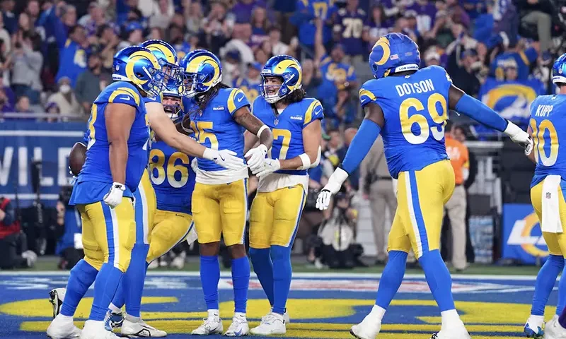 Los Angeles Rams tight end Davis Allen (87) reacts after making a catch for a touchdown against the Minnesota Vikings during the first half in an NFC wild card game at State Farm Stadium. Mandatory Credit: Joe Camporeale-Imagn Images