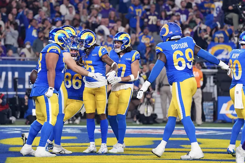 Los Angeles Rams tight end Davis Allen (87) reacts after making a catch for a touchdown against the Minnesota Vikings during the first half in an NFC wild card game at State Farm Stadium. Mandatory Credit: Joe Camporeale-Imagn Images