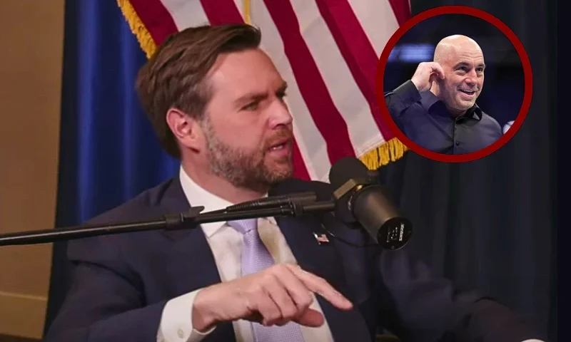(L) JD Vance, 40. GOP Vice Presidential Nominee. (Photo via: The Tim Dillon Show Podcast episode #414 screenshot- Oct. 26) / (R) JACKSONVILLE, FLORIDA - APRIL 09: Joe Rogan looks on during the UFC 273 event at VyStar Veterans Memorial Arena on April 09, 2022 in Jacksonville, Florida. (Photo by James Gilbert/Getty Images)