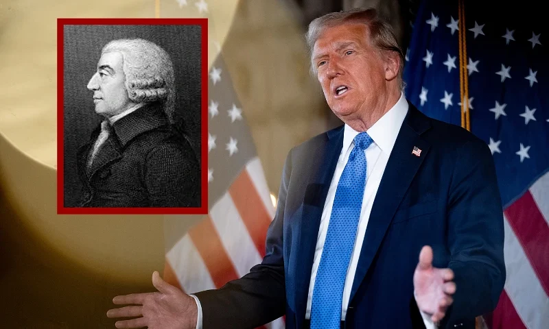 (L) ADAM SMITH (1723-1790). Scottish economist. Line engraving by Robert Graves, English, 19th century. / (R) PALM BEACH, FLORIDA - DECEMBER 16: U.S. President-elect Donald Trump speaks at a news conference at Trump's Mar-a-Lago resort on December 16, 2024 in Palm Beach, Florida. In a news conference that went over an hour, Trump announced that SoftBank will invest over $100 billion in projects in the United States including 100,000 artificial intelligence related jobs and then took questions on Syria, Israel, Ukraine, the economy, cabinet picks, and many other topics. (Photo by Andrew Harnik/Getty Images)