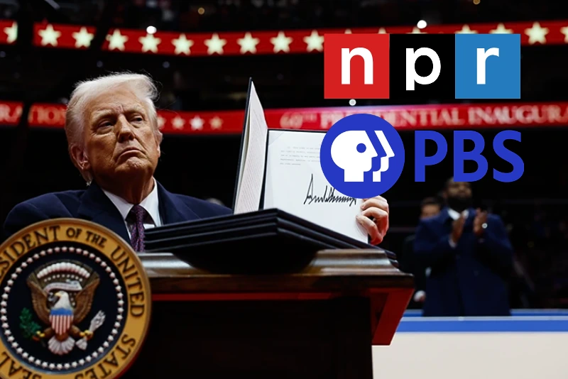 (Center) U.S. President Donald Trump holds up an executive order after signing it during an indoor inauguration parade at Capital One Arena. (Photo by Anna Moneymaker/Getty Images) / (R-top) National Public Radio (NPR) logo. (R-second from top) Public Broadcasting (PBS) Service logo.