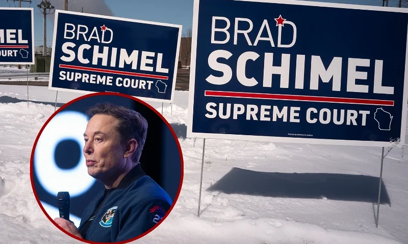 (L) GREEN BAY, WISCONSIN - MARCH 30: Billionaire businessman Elon Musk speaks during a town hall meeting at the KI Convention Center on March 30, 2025 in Green Bay, Wisconsin. The town hall is being held in front of the state’s high-profile Supreme Court election between Circuit Court Judge Brad Schimel, who has been financially backed by Musk and endorsed by President Donald Trump, and Dane County Circuit Court Judge Susan Crawford. (Photo by Scott Olson/Getty Images) / (R) KRONENWETTER, WISCONSIN - MARCH 31: Campaign signs for Circuit Court Judge Brad Schimel, candidate for the Wisconsin Supreme Court, sit in front of the Marathon County Republican Party headquarters before the start of a campaign event on March 31, 2025 in Kronenwetter, Wisconsin. Schimel, who has been endorsed by President Donald Trump and financially supported by billionaire Elon Musk, is running against Dane County Circuit Court Judge Susan Crawford. (Photo by Scott Olson/Getty Images)