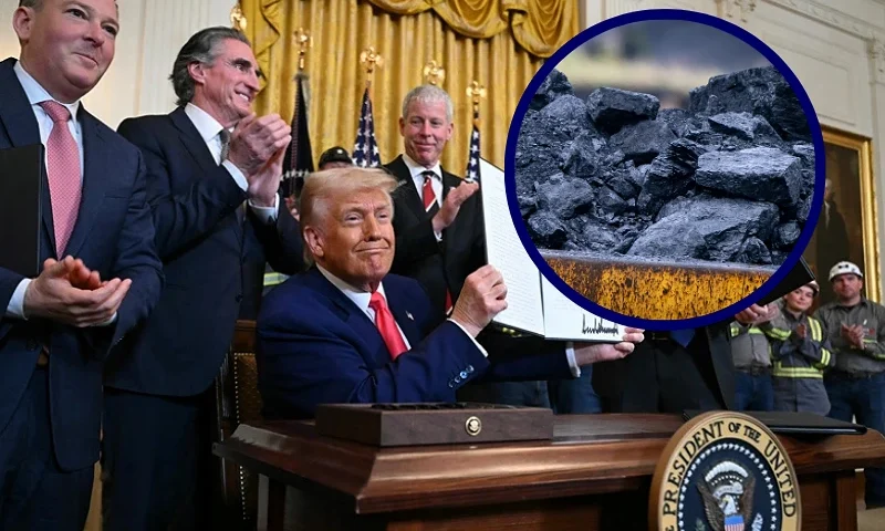 (L) US President Donald Trump displays an executive order he just signed to boost coal mining and production in the United States, in the East Room of the White House on April 8, 2025, in Washington, DC. (Photo by SAUL LOEB / AFP) (Photo by SAUL LOEB/AFP via Getty Images) / (R) MERTHYR TYDFIL, WALES - JULY 31: A close-up of coal as trucks carry material at Ffos-y-Fran open-cast coal mine on July 31, 2023 in Merthyr Tydfil, Wales. Activity at the Ffos-y-Fran open-cast coal mine is continuing despite the planning permission to operate expiring in September 2022. Merthyr Tydfil's Ffos-y-Fran mine produces two-thirds of the UK's coal. (Photo by Matthew Horwood/Getty Images)