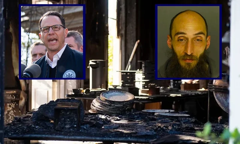 (L) HARRISBURG, PENNSYLVANIA - APRIL 13: Pennsylvania Gov. Josh Shapiro speaks during a press conference outside of the Governor's Mansion after a portion of the property was damaged in an arson fire on April 13, 2025 in Harrisburg, Pennsylvania. Shapiro and his family escaped unharmed and police have a suspect, Cody Balmer, in custody. (Photo by Matthew Hatcher/Getty Images) / (Center) Extensive fire damage to the Pennsylvania Governor's Mansion and Gov. Josh Shapiro's residence is seen during a press conference on April 13, 2025 in Harrisburg, Pennsylvania. Authorities have one suspect, Cody Balmer, in custody and say that the suspect accessed the property from a fence in the back. (Photo by Matthew Hatcher/Getty Images) /(R) Cody Balmer, 38. (Photo via: Dauphin County District Attorney's Office)