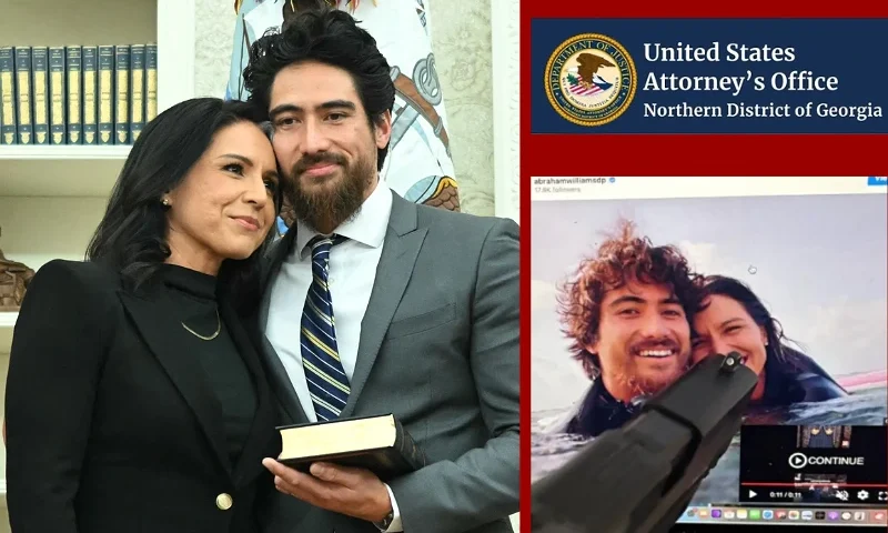 (L) Tulsi Gabbard and her husband Abraham Williams hug before she is sworn in as Director of National Intelligence (DNI) in the Oval Office of the White House in Washington, DC, on February 12, 2025. The Republican-controlled US Senate confirmed Tulsi Gabbard earlier as Trump's choice to lead the country's intelligence services, despite criticism over her lack of experience and past support for Russia and Syria. Gabbard -- appointed to be director of national intelligence -- has faced questions over her 2017 meeting with now-deposed Syrian leader Bashar al-Assad and her peddling of Kremlin propaganda, particularly false conspiracy theories about the Ukraine war. She is also regarded with suspicion over her views on US government surveillance and her backing for National Security Agency (NSA) leaker Edward Snowden, seen on both sides of Congress as having imperiled Americans' safety. (Photo by ANDREW CABALLERO-REYNOLDS / AFP) (Photo by ANDREW CABALLERO-REYNOLDS/AFP via Getty Images) / (R-Top) United States Attorney's Office - District of Georgia) / (R-Bottom) Suspect's posted image. (Photo via: U.S. District Court)
