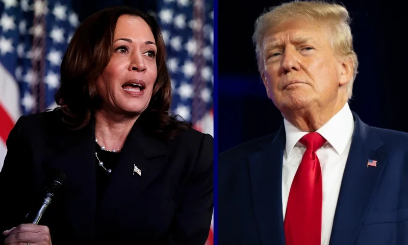 (L) KALAMAZOO, MICHIGAN - JULY 17: US Vice President Kamala Harris speaks at a moderated conversation with former Trump administration national security official Olivia Troye and former Republican voter Amanda Stratton on July 17, 2024 in Kalamazoo, Michigan. Harris' visit, following the attempted assassination of former President Trump, makes this her fourth trip to Michigan this year and seventh visit since taking office. (Photo by Chris duMond/Getty Images) / (R) DALLAS, TEXAS - AUGUST 06: Former U.S. President Donald Trump speaks at the Conservative Political Action Conference (CPAC) at the Hilton Anatole on August 06, 2022 in Dallas, Texas. CPAC began in 1974, and is a conference that brings together and hosts conservative organizations, activists, and world leaders in discussing current events and future political agendas. (Photo by Brandon Bell/Getty Images)