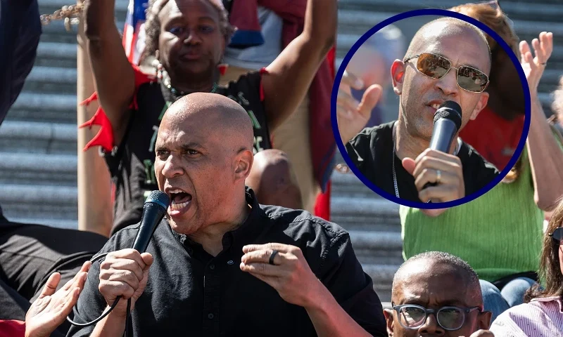 (L) WASHINGTON, DC - APRIL 27: Rev. Dr. Leslie Copeland-Tune, Associate General Secretary of the National Council of Churches USA, looks on as U.S. Sen. Cory Booker (D-NJ) speaks during livestreamed sit-in against the GOP funding plan on the steps of the House of Representatives on April 27, 2025 in Washington, DC. The 8-hour livestreamed discussion was intended to bring attention to the Republican budget bill and according to statements will “…gut Medicaid, food assistance and basic needs programs that help people, all to give tax breaks to billionaires. Given what's at stake, these could be some of the most consequential weeks for seniors, kids and families in generations." (Photo by Pete Marovich/Getty Images) / (R) House Minority Leader Hakeem Jeffries (D-NY) speaks during a sit-in protest against a Republican budget plan on the House steps of the U.S. Capitol in Washington, D.C. on April 27, 2025. The members of Congress were joined by several hundred supporters as they live-streamed their protest against a GOP budget plan which seeks to progress President Donald Trump's policies, including possible cuts to Medicaid. (Photo by Bryan Dozier / Middle East Images / Middle East Images via AFP) (Photo by BRYAN DOZIER/Middle East Images/AFP via Getty Images)