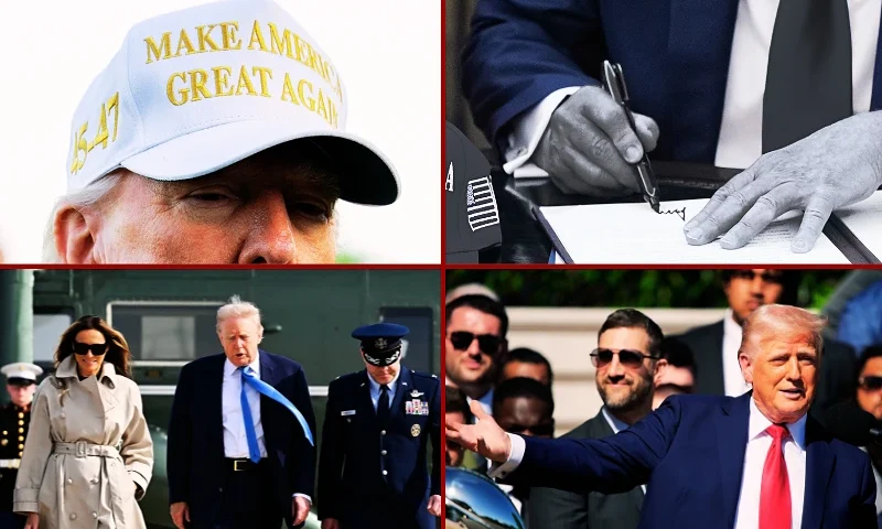 (L-Top) US President Donald Trump speaks to the press after arriving on the South Lawn of the White House in Washington, DC, on April 27, 2025. Trump is returning to Washington after attending the funeral of Pope Francis and spending part of the weekend at his Bedminster resort. (Photo by Annabelle GORDON / AFP) (Photo by ANNABELLE GORDON/AFP via Getty Images) / (L-Bottom) US President Donald Trump and First Lady Melania Trump make their way to board Air Force One before departing from Joint Base Andrews in Maryland on April 25, 2025. Trump is heading to Rome, Italy for the funeral for Pope Francis. The president and first lady are traveling to Rome to attend the funeral of Pope Francis. (Photo by Mandel NGAN / AFP) (Photo by MANDEL NGAN/AFP via Getty Images) / (R-Top) US President Donald Trump signs executive orders relating to higher education institutions in the Oval Office of the White House in Washington, DC, on April 23, 2025. (Photo by SAUL LOEB / AFP) (Photo by SAUL LOEB/AFP via Getty Images) / (R-Bottom) WASHINGTON, DC - APRIL 28: U.S. President Donald Trump delivers remarks at an event welcoming the 2025 Super Bowl Champion Philadelphia Eagles on the South Lawn of the White House on April 28, 2025 in Washington, DC. President Trump honored the Eagles after their second Super Bowl victory, following their first win in 2018. (Photo by Andrew Harnik/Getty Images)