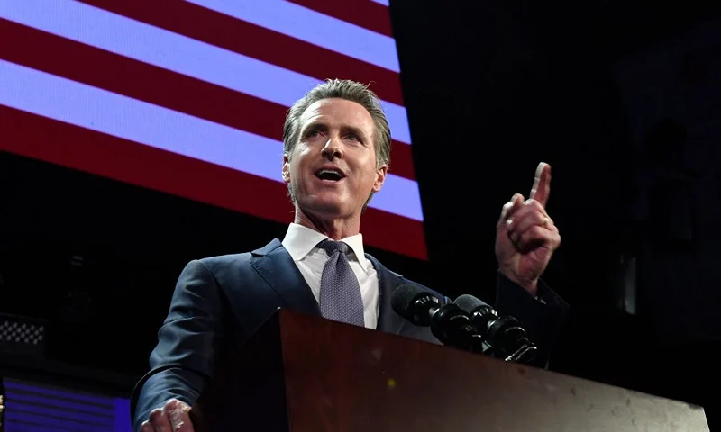 LOS ANGELES, CA - NOVEMBER 06: Democratic gubernatorial candidate Gavin Newsom speaks during election night event on November 6, 2018 in Los Angeles, California. Newsom defeated Republican Gubernatorial candidate John Cox. (Photo by Kevork Djansezian/Getty Images)