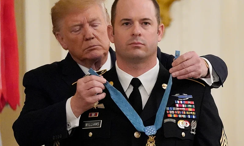 WASHINGTON, DC - OCTOBER 30: U.S. President Donald Trump presents the Medal of Honor to Army Master Sgt. Matthew Williams, of Boerne, Texas October 30, 2019 at the White House in Washington, DC. Williams received the nation’s highest military honor for heroic actions while serving in Afghanistan's Shok Valley in 2008. (Photo by Win McNamee/Getty Images)