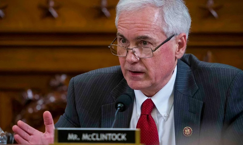 WASHINGTON, DC - DECEMBER 09: Rep. Tom McClintock (R-CA) questions Intelligence Committee Minority Counsel Stephen Castor and Intelligence Committee Majority Counsel Daniel Goldman during House impeachment inquiry hearings before the House Judiciary Committee on Capitol Hill December 9, 2019 in Washington, DC. The hearing is being held for the Judiciary Committee to formally receive evidence in the impeachment inquiry of President Donald Trump, whom Democrats say held back military aid for Ukraine while demanding they investigate his political rivals. The White House declared it would not participate in the hearing. (Photo by Doug Mills-Pool/Getty Images)