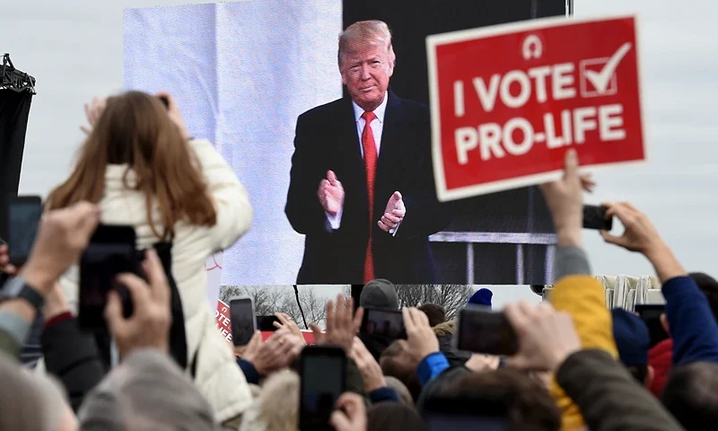 TOPSHOT - Pro-life demonstrators listen to US President Donald Trump as he speaks at the 47th annual "March for Life" in Washington, DC, on January 24, 2020. - Trump is the first US president to address in person the country's biggest annual gathering of anti-abortion campaigners. (Photo by OLIVIER DOULIERY / AFP) (Photo by OLIVIER DOULIERY/AFP via Getty Images)