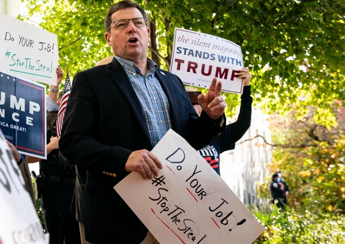 WASHINGTON, DC - NOVEMBER 05: Ed Martin, president of the Phyllis Schlafly Eagles, a conservative political organization based in St. Louis, MO, speaks during a news conference outside the Republican National Committee headquarters on Capitol Hill, on November 5, 2020 in Washington, DC. With many critical battleground states still not announcing the results of their vote count, the presidential election is still too close to call. (Photo by Al Drago/Getty Images)
