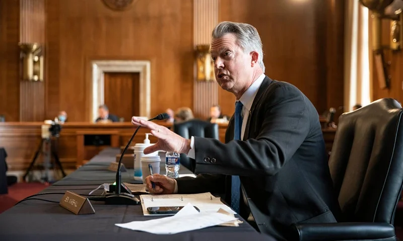 Senator Roger Marshall, a Republican from Kansas, speaks during a Senate Energy and Natural Resources Committee confirmation hearing for Representative Deb Haaland, a Democrat from New Mexico and secretary of the interior nominee for US President Joe Biden, in Washington, DC, February 24, 2021. - Haaland downplayed her past opposition to fracking during a heated hearing yesterday as she sought to reassure senators worried she would clamp down on fossil fuel development. (Photo by Sarah Silbiger / various sources / AFP) (Photo by SARAH SILBIGER/AFP via Getty Images)