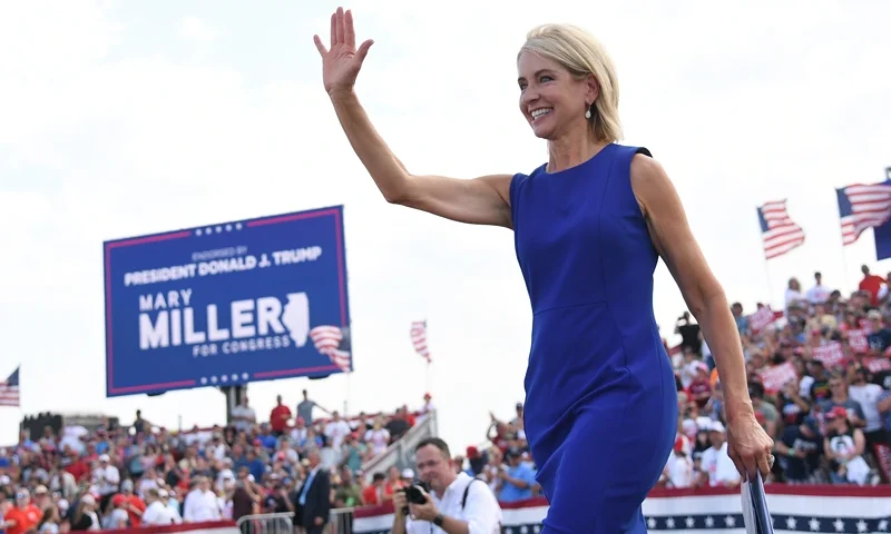MENDON, IL - JUNE 25: U.S. Representative Mary Miller (R-IL) arrives to give remarks during a Save America Rally with former US President Donald Trump at the Adams County Fairgrounds on June 25, 2022 in Mendon, Illinois. Trump will be stumping for Rep. Mary Miller in an Illinois congressional primary and it will be Trump's first rally since the United States Supreme Court struck down Roe v. Wade on Friday. (Photo by Michael B. Thomas/Getty Images)