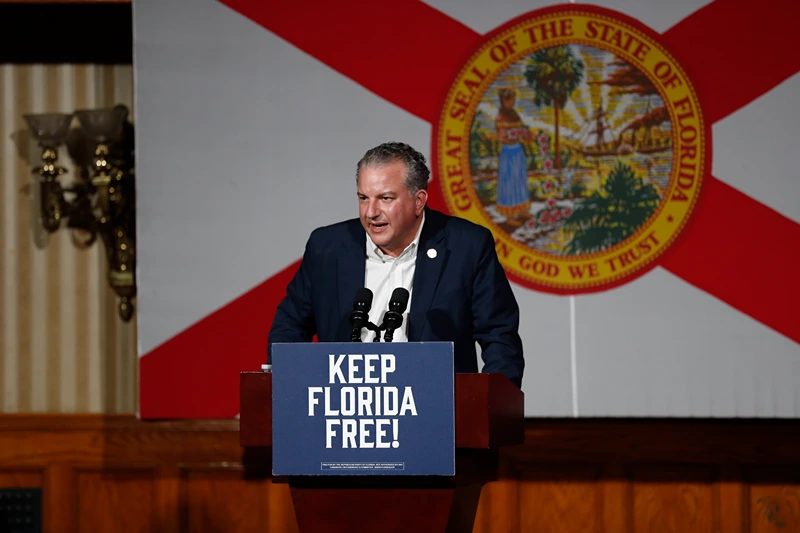Florida Chief Financial Officer Jimmy Patronis speaks before introducing Florida Gov. Ron DeSantis during a rally for Florida Republicans at the Cheyenne Saloon on November 7, 2022 in Orlando, Florida. DeSantis faces former Democratic Gov. Charlie Crist in tomorrow's general election. (Photo by Octavio Jones/Getty Images)