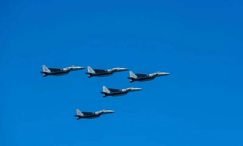 Israeli Air Force F-15 Eagle fighter jets flyover a beach during an airshow in Tel Aviv on April 26, 2023, to mark the 75th anniversary of the State of Israel's creation. (Photo by Jack GUEZ / AFP) (Photo by JACK GUEZ/AFP via Getty Images)