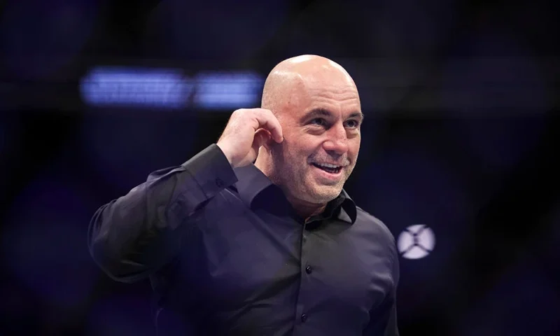 JACKSONVILLE, FLORIDA - APRIL 09: Joe Rogan looks on during the UFC 273 event at VyStar Veterans Memorial Arena on April 09, 2022 in Jacksonville, Florida. (Photo by James Gilbert/Getty Images)