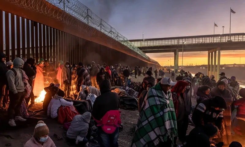 EL PASO, TEXAS - DECEMBER 22: Immigrants bundle up against the cold after spending the night camped alongside the U.S.-Mexico border fence on December 22, 2022 in El Paso, Texas. A spike in the number of migrants seeking asylum in the United States has challenged local, state and federal authorities. The numbers are expected to increase as the fate of the Title 42 authority to expel migrants remains in limbo pending a Supreme Court decision expected after Christmas. (Photo by John Moore/Getty Images)