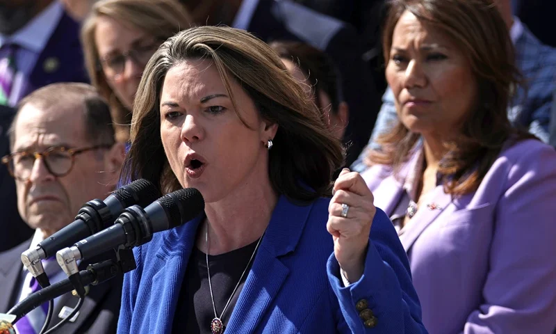 U.S. Rep. Angie Craig (D-MN) speaks as House Democrats gather for an event on gun violence at the East Front of the U.S. Capitol on March 29, 2023 in Washington, DC. House Democrats addressed gun violence after a shooter opened fire killing three nine-year-old students and three adults at The Covenant School in Nashville, Tennessee on March 27, 2023. (Photo by Alex Wong/Getty Images)