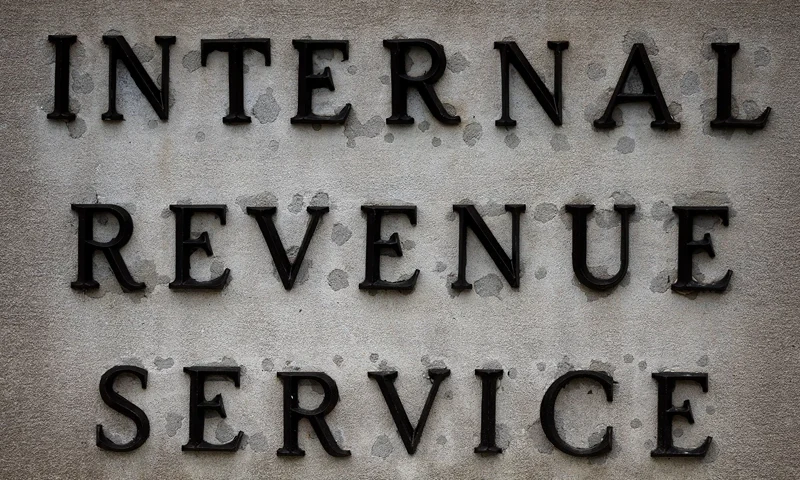 WASHINGTON, DC - APRIL 07: A small sign indicates the headquarters of the Internal Revenue Service on April 07, 2023 in Washington, DC. The Treasury Department announced an $80 billion plan for the IRS to become a “digital first” tax collector and focus on improving customer service and cracking down on tax evasion by corporations and the wealthy. (Photo by Chip Somodevilla/Getty Images)