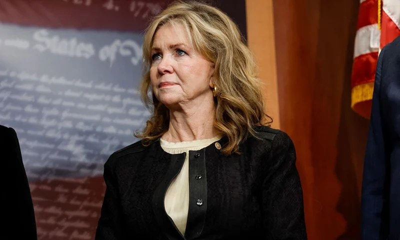 WASHINGTON, DC - SEPTEMBER 27: Sen. Marsha Blackburn (R-TN) listens during a press conference on border security at the U.S. Capitol Building on September 27, 2023 in Washington, DC. Senate Republicans held the news conference to speak about the southern border and the need for more money for its security to be included in upcoming government funding legislation. (Photo by Anna Moneymaker/Getty Images)