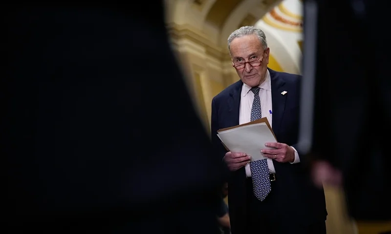 WASHINGTON, DC - OCTOBER 31: Senate Majority Leader Chuck Schumer (D-NY) waits top speak during a news conference following a closed-door lunch meeting with Senate Democrats at the U.S. Capitol on October 31, 2023 in Washington, DC. Schumer spoke on a range of issues, including criticizing a House Republican proposal to provide millions of dollars in aid to Israel without any additional aid to Ukraine. (Photo by Drew Angerer/Getty Images)