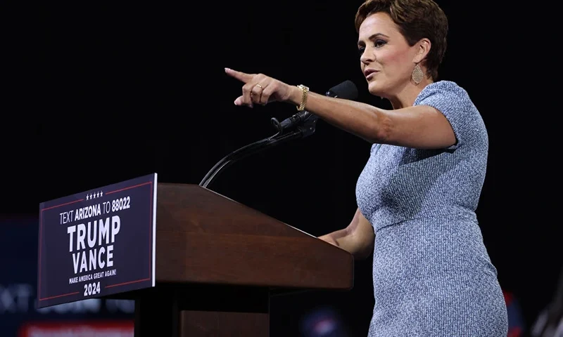 TUCSON, ARIZONA - SEPTEMBER 12: Arizona Republican U.S. Senate candidate Kari Lake speaks during a campaign event for Republican presidential nominee, former U.S. President Donald Trump, at the Linda Ronstadt Music Hall on September 12, 2024 in Tucson, Arizona. Former President Donald Trump held a campaign event to speak on the economy. (Photo by Justin Sullivan/Getty Images)