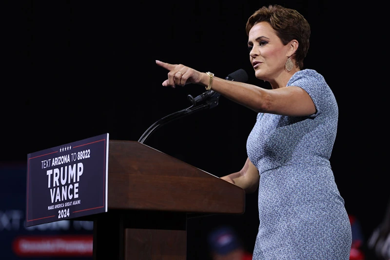 TUCSON, ARIZONA - SEPTEMBER 12: Arizona Republican U.S. Senate candidate Kari Lake speaks during a campaign event for Republican presidential nominee, former U.S. President Donald Trump, at the Linda Ronstadt Music Hall on September 12, 2024 in Tucson, Arizona. Former President Donald Trump held a campaign event to speak on the economy. (Photo by Justin Sullivan/Getty Images)