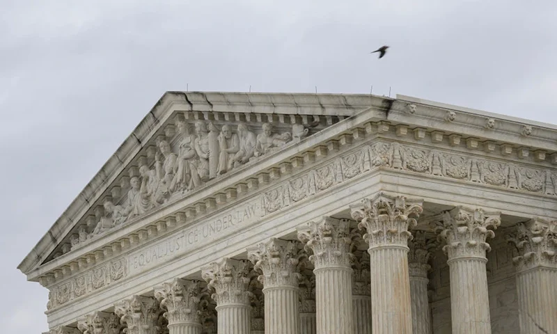 The US Supreme Court in Washington, DC, on February 28, 2024. The US Supreme Court on Wednesday will hear arguments on the legality of "bump stocks," simple devices that can allow automatic fire from otherwise semi-automatic guns. The case stems from the worst mass shooting in US history, in October 2017, when a man, using guns equipped with bump stocks, fired on a crowd attending an outdoor music concert in Las Vegas, killing 58 people and wounding around 500. (Photo by Mandel NGAN / AFP) (Photo by MANDEL NGAN/AFP via Getty Images)