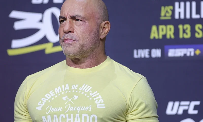 LAS VEGAS, NEVADA - APRIL 12: Joe Rogan MC's during the UFC 300 ceremonial weigh-in at MGM Grand Garden Arena on April 12, 2024 in Las Vegas, Nevada. (Photo by Carmen Mandato/Getty Images)