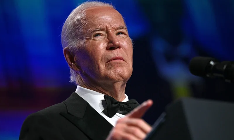 US-POLITICS-MEDIA-WHCA-BIDEN US President Joe Biden speaks during the White House Correspondents' Association (WHCA) dinner at the Washington Hilton, in Washington, DC, on April 27, 2024. (Photo by Brendan SMIALOWSKI / AFP) (Photo by BRENDAN SMIALOWSKI/AFP via Getty Images)
