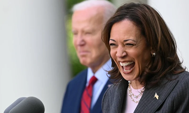 US President Joe Biden listens as Vice President Kamala Harris delivers remarks at a reception celebrating Asian American, Native Hawaiian, and Pacific Islander Heritage Month in the Rose Garden of the White House in Washington, DC on May 13, 2024. (Photo by Mandel NGAN / AFP) (Photo by MANDEL NGAN/AFP via Getty Images)
