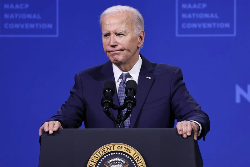 LAS VEGAS, NEVADA - JULY 16:  U.S. President Joe Biden speaks at the 115th NAACP National Convention at the Mandalay Bay Convention Center on July 16, 2024 in Las Vegas, Nevada. Biden returned to the campaign trail, delivering remarks at the NAACP convention today, and will tomorrow at the UnidosUS Annual Conference during a visit to the battleground state of Nevada. (Photo by Mario Tama/Getty Images)