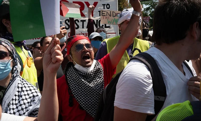 CHICAGO, ILLINOIS - AUGUST 19: Demonstrators protest in Union Park near the United Center which is hosting the Democratic National Convention (DNC) on August 19, 2024 in Chicago, Illinois. The convention runs through August 22. (Photo by Scott Olson/Getty Images)