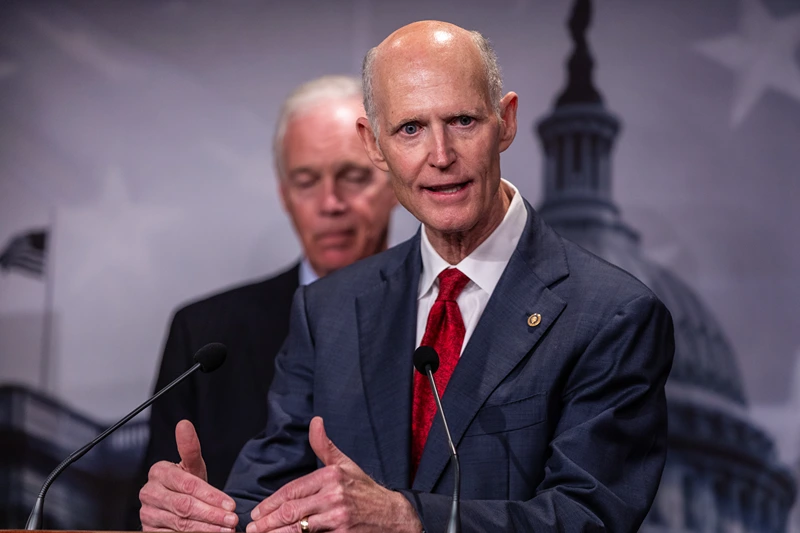 U.S. Sen. Rick Scott (R-FL) speaks to reporters on the Safeguard American Voter Eligibility (SAVE) Act at the U.S. Capitol on September 11, 2024 in Washington, DC. The legislation would introduce more proof-of-citizenship requirements for Americans voting in federal elections. (Photo by Anna Rose Layden/Getty Images)