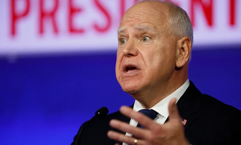 Democratic vice presidential candidate, Minnesota Gov. Tim Walz, speaks during a debate at the CBS Broadcast Center on October 1, 2024 in New York City. This is expected to be the only vice presidential debate of the 2024 general election. (Photo by Chip Somodevilla/Getty Images)