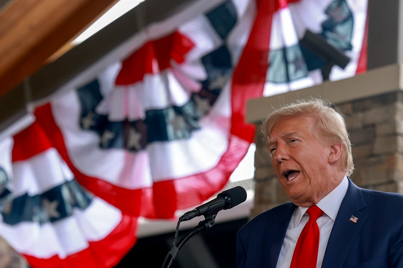 EVANS, GEORGIA - OCTOBER 04: Republican presidential nominee, former U.S. President Donald Trump speaks to an audience as he visits the area while it recovers from Hurricane Helene on October 04, 2024 in Evans, Georgia. Trump met with local officials, first responders, and residents who have been impacted by the hurricane, which has left over 200 people dead across Florida, Georgia, North Carolina, South Carolina, and Virginia. (Photo by Joe Raedle/Getty Images)