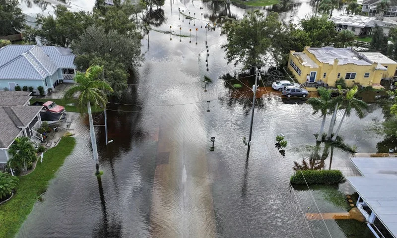 PUNTA GORDA - OCTOBER 10: In this aerial view, flood waters inundate a neighborhood after Hurricane Milton came ashore on October 10, 2024, in Punta Gorda, Florida. The storm made landfall as a Category 3 hurricane in the Siesta Key area of Florida, causing damage and flooding throughout Central Florida. (Photo by Joe Raedle/Getty Images)