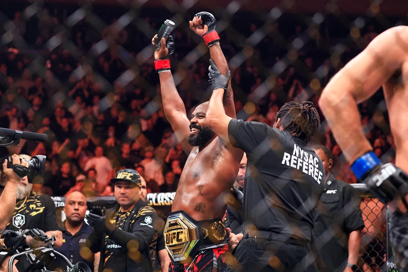 US MMA fighter Jon Jones reacts after his TKO victory against US MMA fighter Stipe Miocic in their heavyweight title bout during UFC 309 at Madison Square Garden in New York, November 16, 2024. (Photo by Kena Betancur / AFP) (Photo by KENA BETANCUR/AFP via Getty Images)